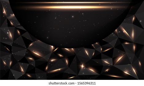 Low poly black dark-grey abstract luxury, polygonal elegant shapes background triangles mosaic, for web and print, dark crystals backdrop with neon  lights.