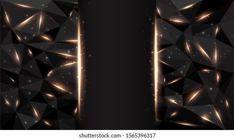 Low poly black dark-grey abstract luxury, polygonal elegant shapes background triangles mosaic, for web and print, dark crystals backdrop with neon  lights.