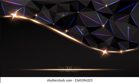 Low poly black dark-grey abstract luxury, polygonal elegant shapes background triangles mosaic, for web and print, dark crystals backdrop with neon  lights.