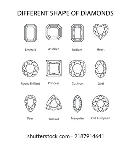 Low poly black outline template, different shape of Diamonds gem cut icons isolated on white background, vector illustration