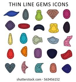 Low poly black thin line template fancy colored gem cut icons set isolated on white background, vector illustration