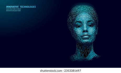 Low poly blue African woman portrait design. Female face young beauty person triangle wire mesh glowing innovative technology cosmetology concept vector illustration