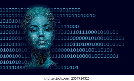 Low poly blue African woman portrait design. Female face young beauty person triangle wire mesh glowing innovative technology cosmetology concept vector illustration