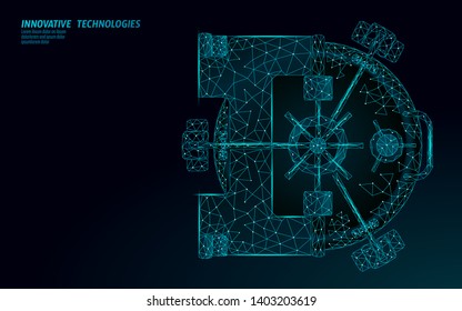 Low poly blue banking vault door. Steel safety money storage. 3D cash wealth finance business concept. Closed save lock box protect system online technology vector illustration