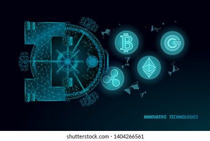 Low poly blue banking vault door. Privacy data safety storage. 3D Information protect security cryptocurrency concept. Antivirus protect finance online technology vector illustration