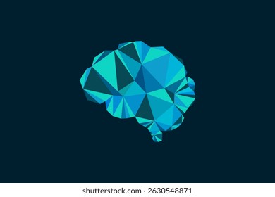 Low poly blue brain illustration, AI neural network design, brain anatomy