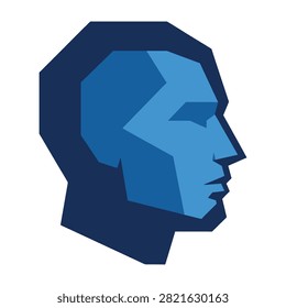 Low poly blue human head in profile view, geometric shapes, abstract design, modern art style