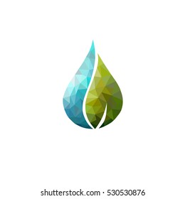 Low poly blue water drop with green leaf icon. vector. logo. sign