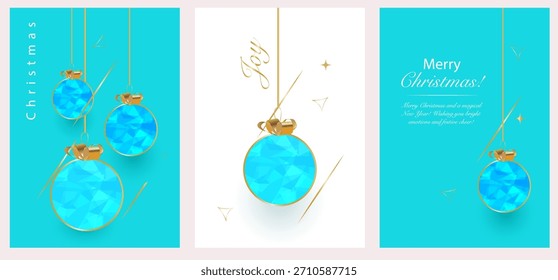 Low Poly Blue Adornos de Navidad en la Plantilla de la tarjeta Festiva