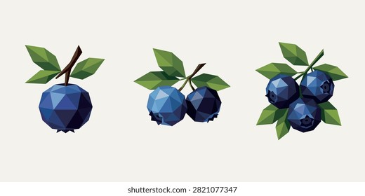 Low Poly Blueberry Collection Vector Set – Single, Pair and Cluster Geometric Polygon Berry Illustration
