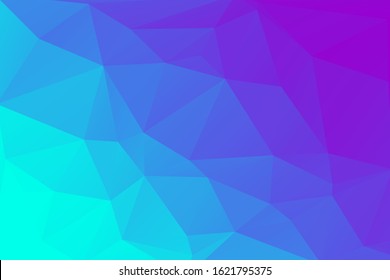 Low Poly Blueish Color background made from Triangle Shapes. Gradient goes from aquamarine to purple.  Could be used as wallpaper