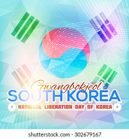 Low Poly and Blurred Abstract Background Style Republic of Korea Celebration Card and Greeting Message Poster Design - "Gwangbokjeol" English "Liberation Day of Korea"