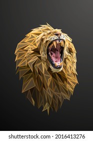 Low poly bold framed art of a roaring lion in high details. Vector animal triangle geometric illustration. Abstract polygonal art. With black color background.