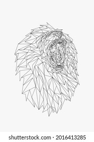 Low poly bold framed art of a roaring lion in high details. Vector animal triangle geometric illustration. Abstract polygonal art. With black color background.