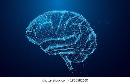 Low poly brain or Artificial intelligence concept. Symbol of Wisdom point. Abstract vector image of a human Brine. Low Polygonal wireframe blue illustration on dark background. Lines and dots.