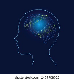 Low poly brain or artificial intelligence concept, intelligence point symbol. blue digital nerve yellow fluorescent particle lines and dots human brain structure on blue dot lines child head