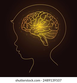 Low poly brain or artificial intelligence concept, smart dot symbol. Yellow fluorescent particle lines, yellow digital nerves and human brain structure dots on children's head silhouette lines.