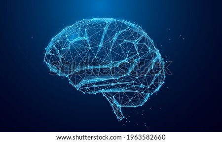 Low poly brain or Artificial intelligence concept. Symbol of Wisdom point. Abstract vector image of a human Brine. Low Polygonal wireframe blue illustration on dark background. Lines and dots.