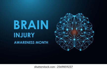 Low poly brain injury awareness month concept. Abstract modern 3d vector. Banner poster, flyer and dark blue background design template. Vector illustration. Eps 10.