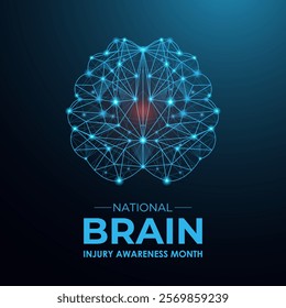 Low poly brain injury awareness month concept. Abstract modern 3d vector. Banner poster, flyer and dark blue background design template. Vector illustration. Eps 10.