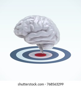 Low poly brain on target dart board illustration isolated on white blue background