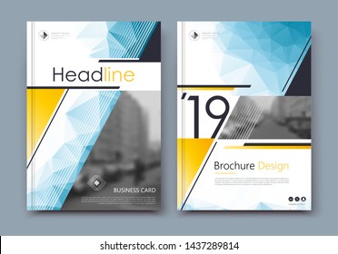 Low poly brochure cover design. Annual report binder. Info banner frame. Fancy ad flyer text font. Title sheet fiber model. Hi tech vector front page. Urban city view texture. Yellow blue triangle.