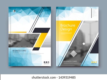 Low poly Brochure cover design. Annual report binder. Info banner frame. Fancy ad flyer text font. Title sheet fiber model. Hi tech vector front page. Urban city view texture. Yellow blue triangle.