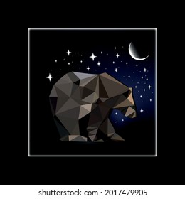 Low poly brown bear in the night. Space background. Vector illustration.