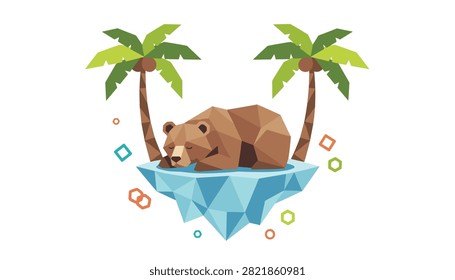 Low poly brown bear sleeping peacefully on a small geometric ice floe floating in water with two palm trees on either side of the scene.