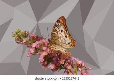 Low poly brown butterflies on a flower stem illustration with a background