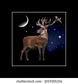 Low poly brown deer in the night. Space background. Moon and stars. Vector illustration.