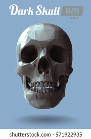 Low poly brown gray vector skull front view in realistic lighting look on blue background