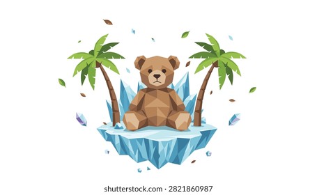 Low poly brown teddy bear perched on a floating blue ice formation accompanied by palm trees and falling autumn leaves in a snowy setting.