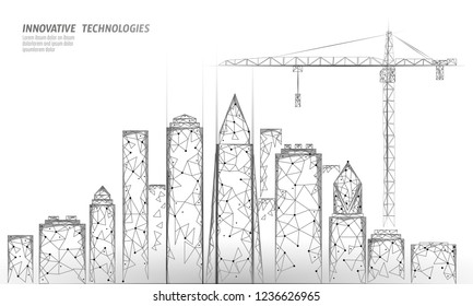 Low poly building under construction crane. Industrial modern business technology. Abstract polygonal geometric 3D cityscape urban silhouette. High tower skyscraper white gray vector illustration