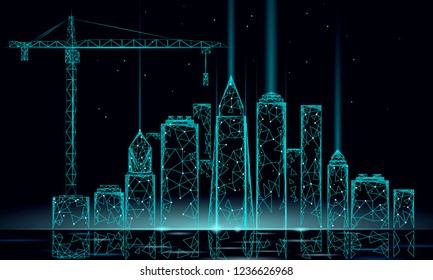 Low poly building under construction crane. Industrial modern business technology. Abstract polygonal geometric 3D cityscape urban silhouette. High tower skyscraper night blue sky vector illustration