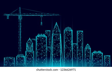 Low poly building under construction crane. Industrial modern business technology. Abstract polygonal geometric 3D cityscape urban silhouette. High tower skyscraper night blue sky vector illustration