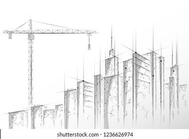 Low poly building under construction crane. Industrial modern business technology. Abstract polygonal geometric 3D cityscape urban silhouette. High tower skyscraper white gray vector illustration