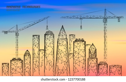 Low poly building under construction crane sunrise. Industrial modern business technology. Colorful sunset sky 3D cityscape urban silhouette. High tower skyscraper vector illustration