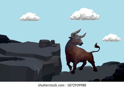 Low poly Bull. Bull Illustration. Vector Bull. Art Low Poly. Bull on the mountain.