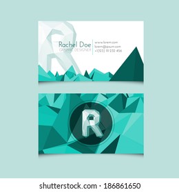 Low Poly Business Card Template with Alphabet Letter R - Vector Illustration
