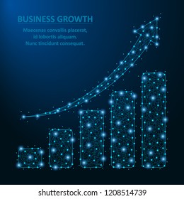 Low poly business diagram with growth arrow and bar chart made by dot and line with polygonal wireframe mesh. Vector illustration.