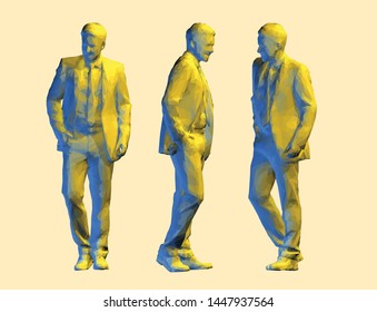 Low poly Businessman from different sides.
Vector polygonal stylized illustration.