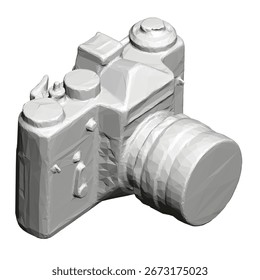 A low poly camera with a black body and silver lens stands on a white background. The 3D model features a curved lens and a front viewfinder for a realistic retro look.