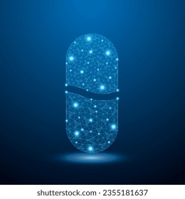 Low poly capsule, pills vector with futuristic concept. Medical low poly wire-frame design. Save lives, support communities illustration.