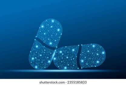 Low poly capsule, pills vector with futuristic concept. Medical low poly wire-frame design. Save lives, support communities illustration.