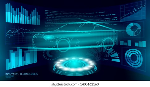 Low poly car automation diagnostics technology. Industrial data analisys business factory HUD dispalay machine welder. Auto AI polygon blue triangle geometric vector illustration