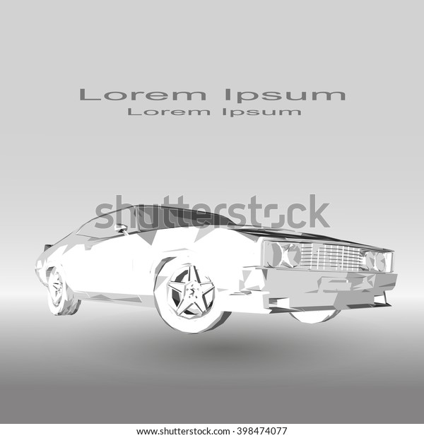 Low poly\
car in gray tones on a gradient\
background.