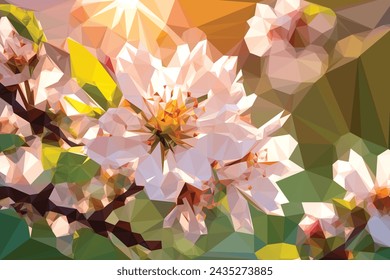 Low poly cartoon flowers of cherry blooms tree, spring nature geometric wallpaper, modern cover design