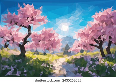 Paisaje de dibujos animados de bajo poli con el árbol japonés de Sakura, flor de cerezo oriental en la naturaleza de primavera con la montaña, cielo azul y amanecer