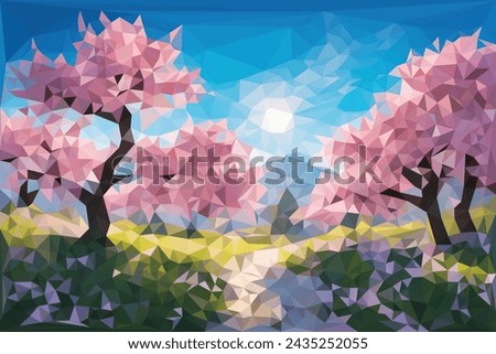 Low poly cartoon landscape with Sakura Japanese tree, Oriental cherry blossom in spring nature with mountain, blue sky and sunrise